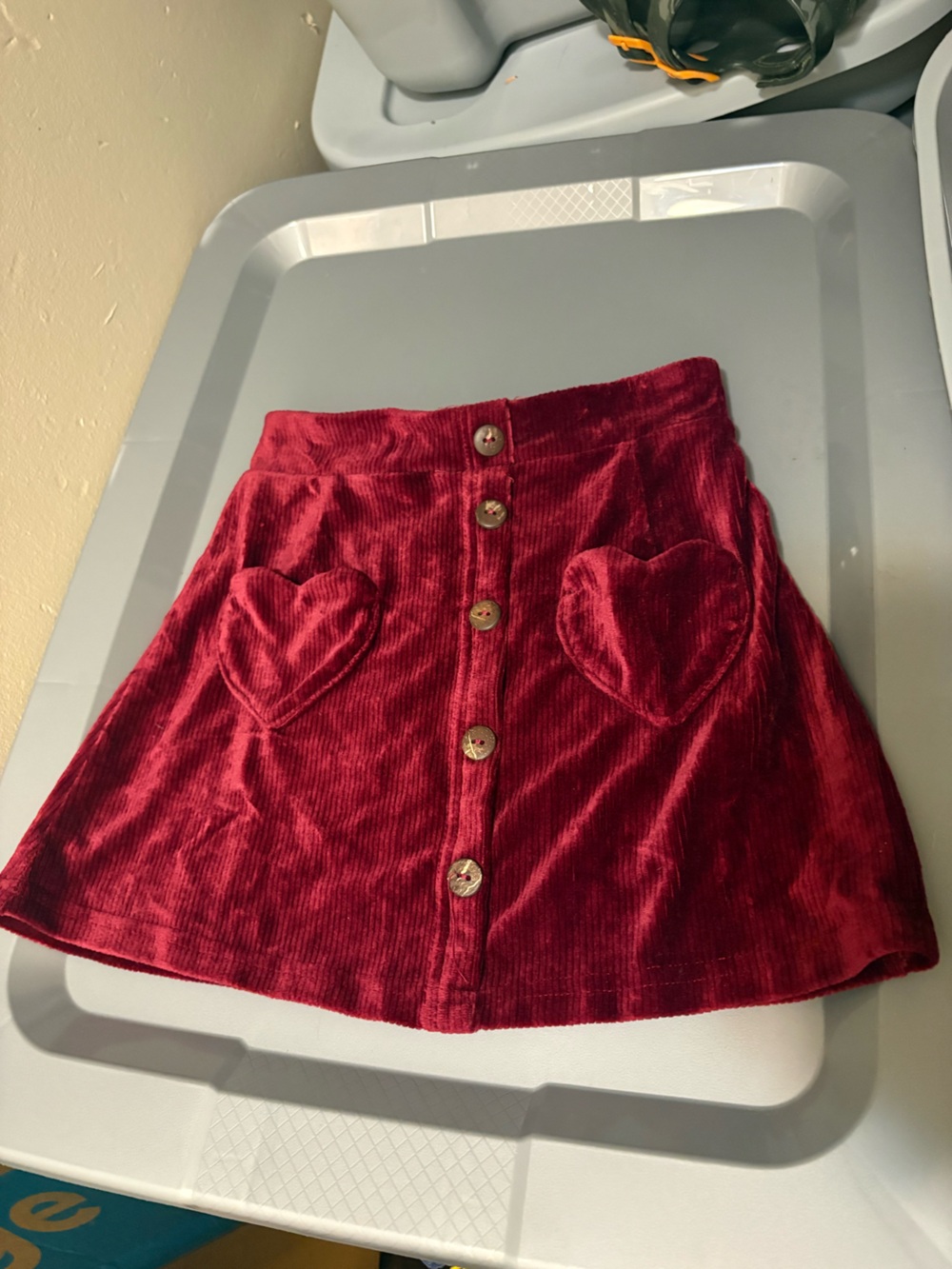 shosho Deep Red Velvet Corduroy Button-Front Mini Skirt with Heart Pockets